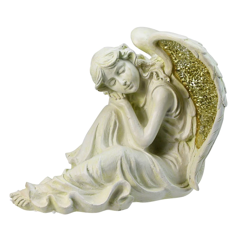 12" Distressed Ivory & Golden Mosaic Glass Winged Resting Angel Outdoor Garden Statue