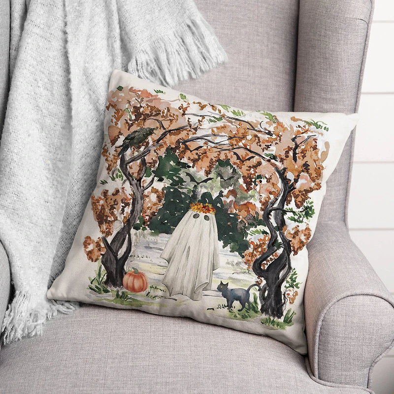 Spooky Woodland Ghost Throw Pillow
