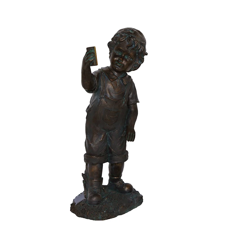 18" Distressed Black & Bronze Boy with Cell Phone Solar Powered LED Outdoor Garden Statue