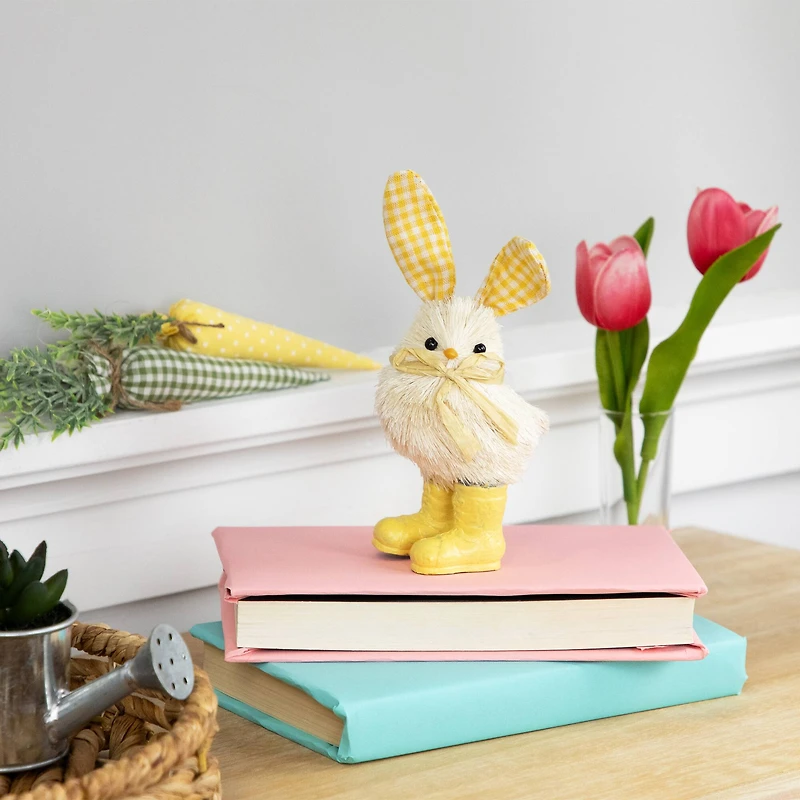 7" Yellow Easter Chick Accent with Plaid Rabbit Ears & Rainboots 