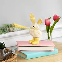 7" Yellow Easter Chick Accent with Plaid Rabbit Ears & Rainboots 