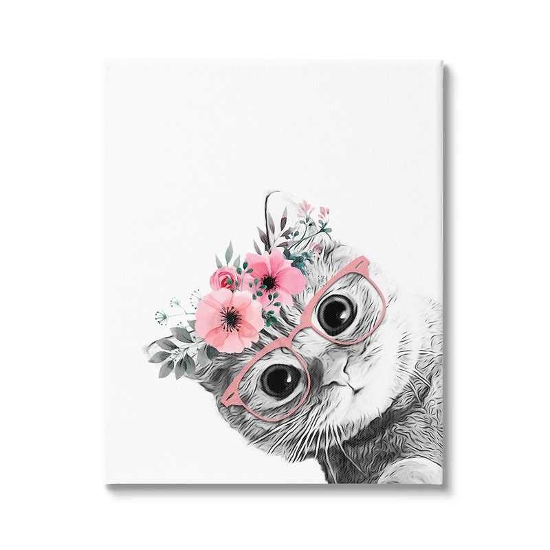 Stupell Industries Pink Flower Crown Cat with Glasses Canvas Wall Art