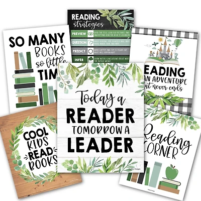 Hadley Designs 11" x 14" Farmhouse Greenery Reading Posters for Classroom Library Décor Set