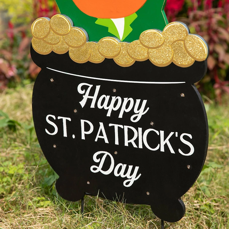 Glitzhome® 24" Lighted St. Patrick's Wooden Leprechaun Pot of Gold Décor