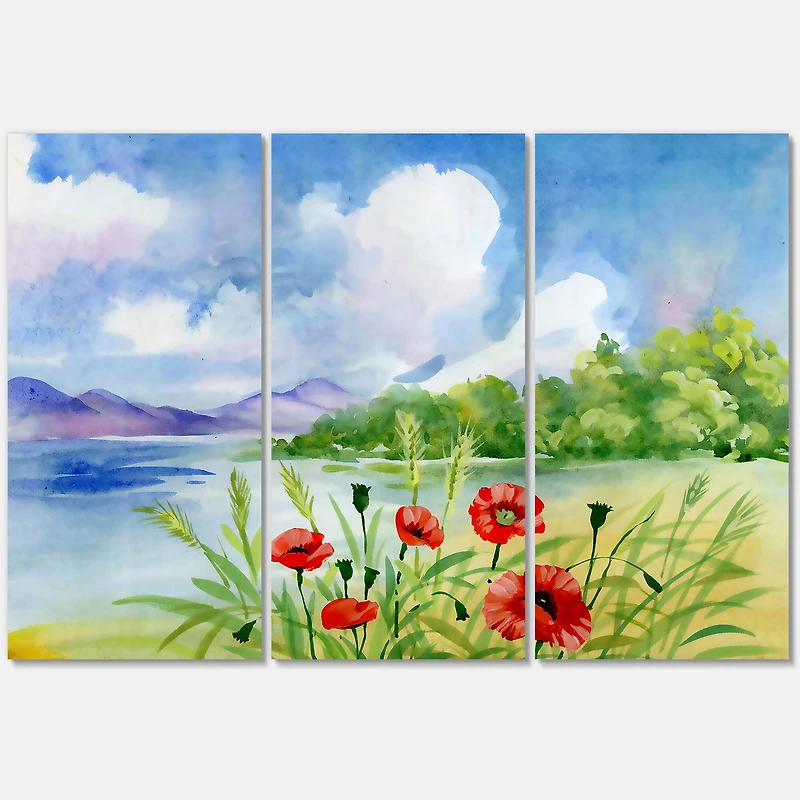 Designart - Red Tulips On The Bank Near A Mountain River