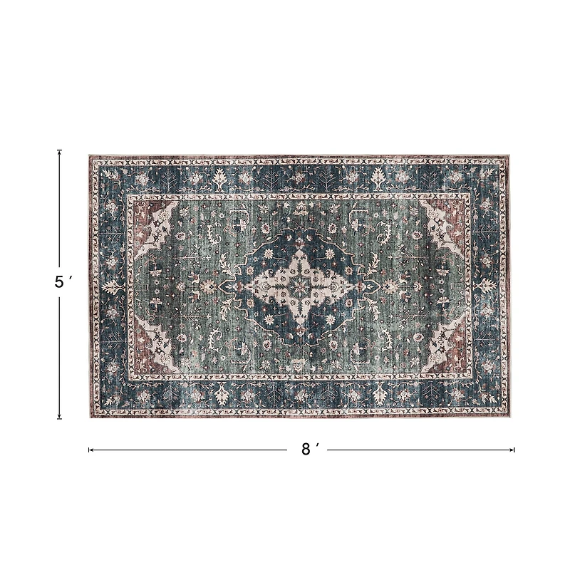 Glitzhome® 5ft. x 8ft. Green & Tan Oriental Area Rug