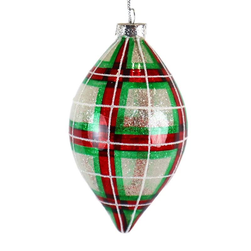 5.75" Red & Green Glitter Plaid Glass Teardrop Ornament by Ashland®