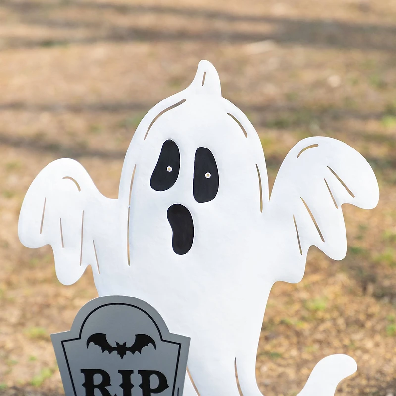 Glitzhome® 32.25"H Lighted Halloween Metal Ghost Tombstone Yard Stake with Timer