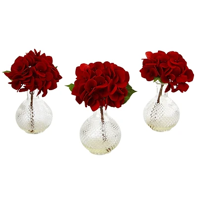 12" Red Hydrangea Arrangement with Glass Vase, 3ct.