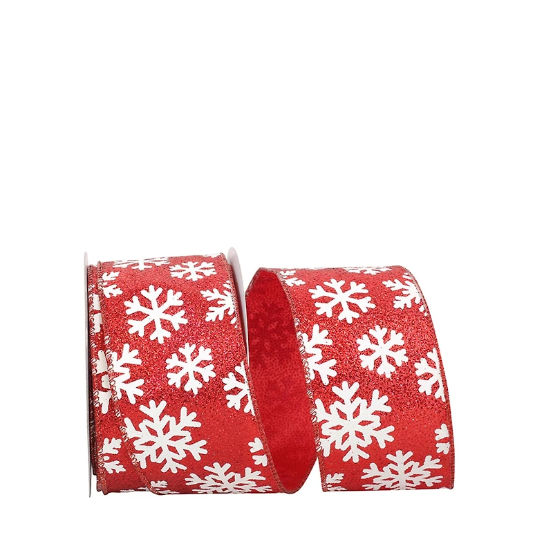 JAM Paper 2.5" x 10yd. Wired White Snowflake Red Glitter Ribbon