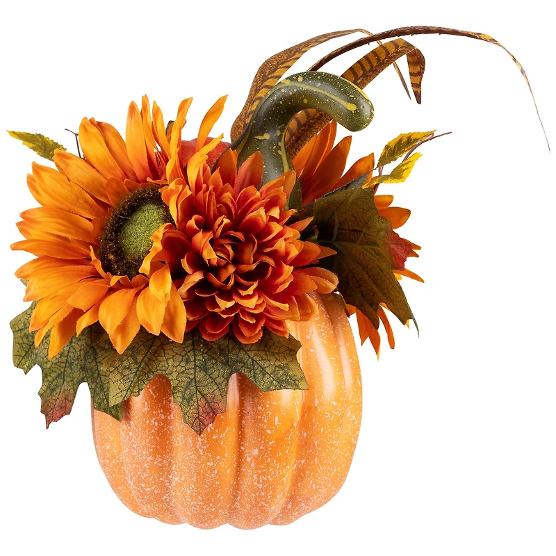 10" Autumn Harvest Pumpkin with Sunflowers, Mums & Pine Cones Décor