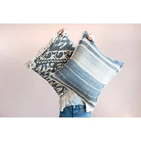 Hello Honey® Blue Stonewashed Ikat Pattern Woven Cotton Blend Pillow with Fringe