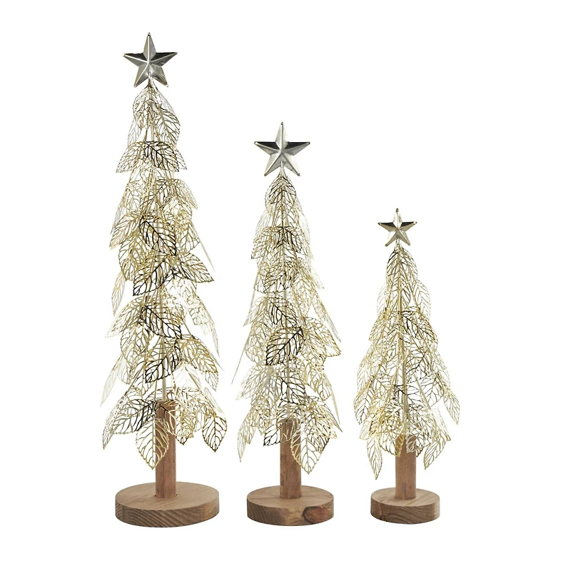Gold Metal Layered Cutout Leaf Christmas Tree Sculpture Set