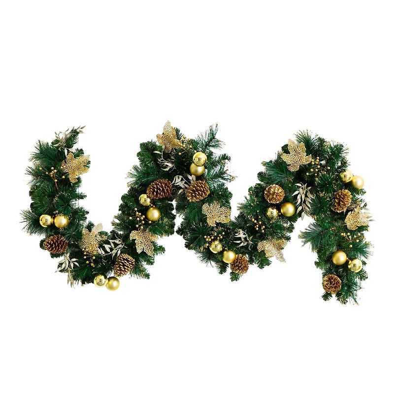 9ft. Pre-Lit Artificial Golden Frosted Christmas Garland with 50 Warm White LED Lights Pinecones, Berries and Ornaments