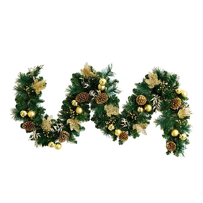 9ft. Pre-Lit Artificial Golden Frosted Christmas Garland with 50 Warm White LED Lights Pinecones, Berries and Ornaments