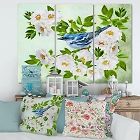 Designart - Little Blue Bird Sitting On A Branch of White Rose