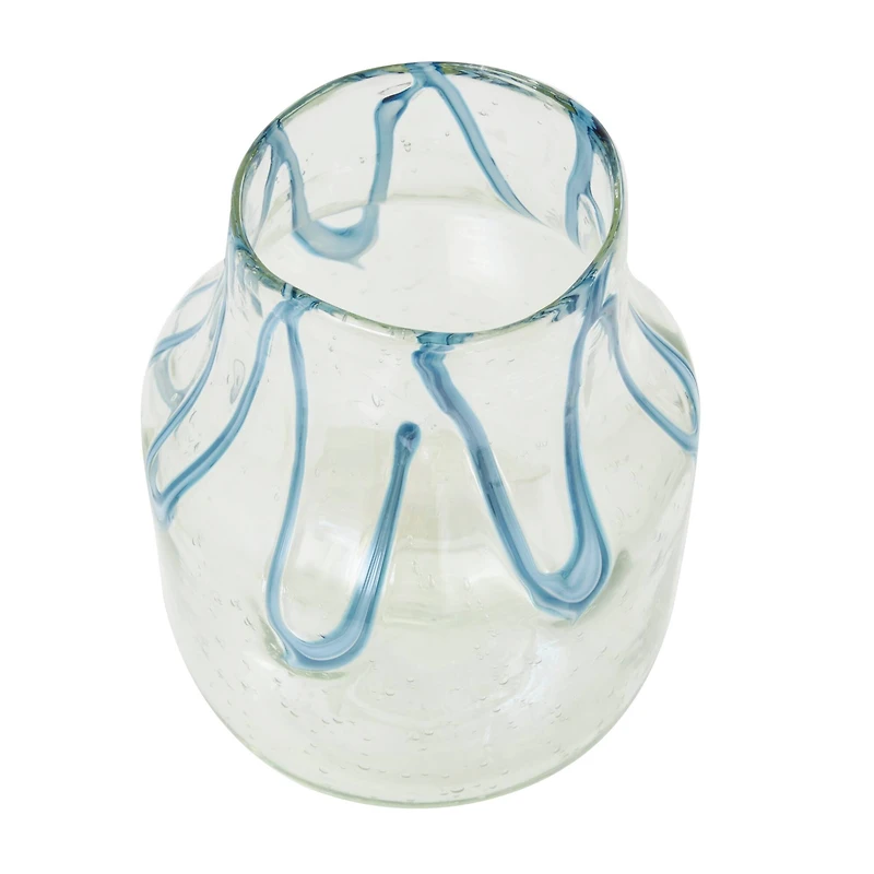 10" Cream with Wavy Blue Design Abstract Glass Vase