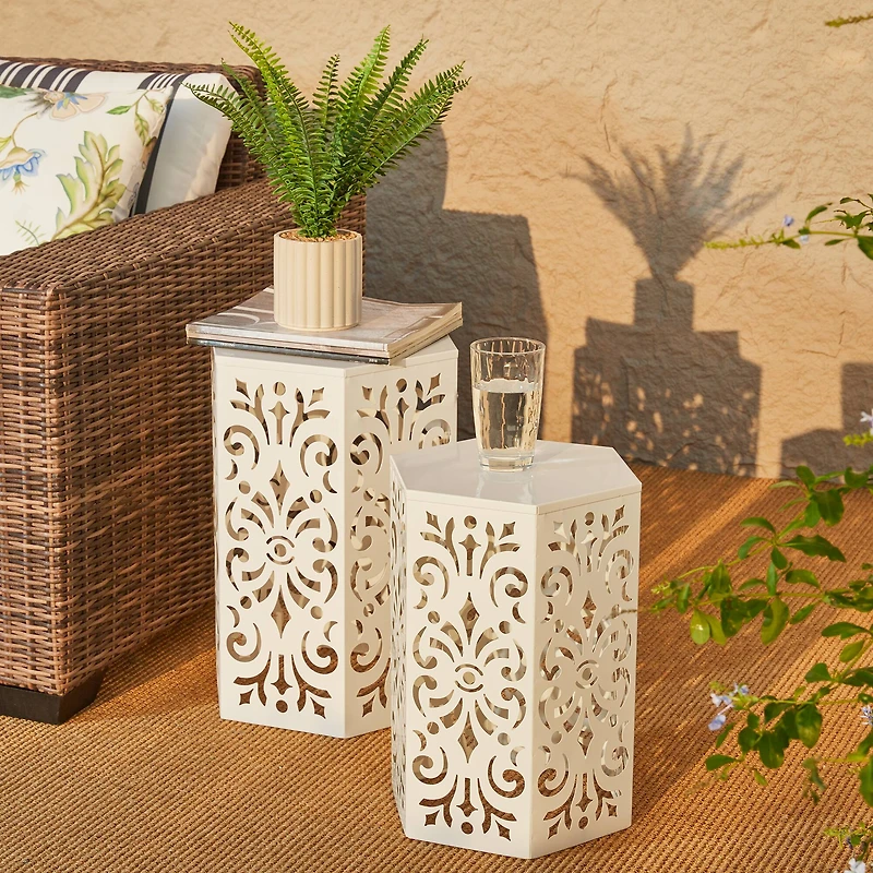 Glitzhome® White Floral Motif Hexagonal Garden Stool Set