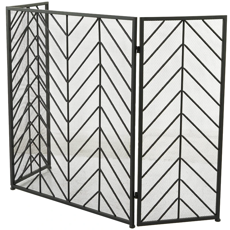 Black Metal Foldable Mesh Netting 3 Panel Geometric Fireplace Screen with Chevron Pattern 52" x 1" x 31"