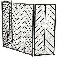 Black Metal Foldable Mesh Netting 3 Panel Geometric Fireplace Screen with Chevron Pattern 52" x 1" x 31"