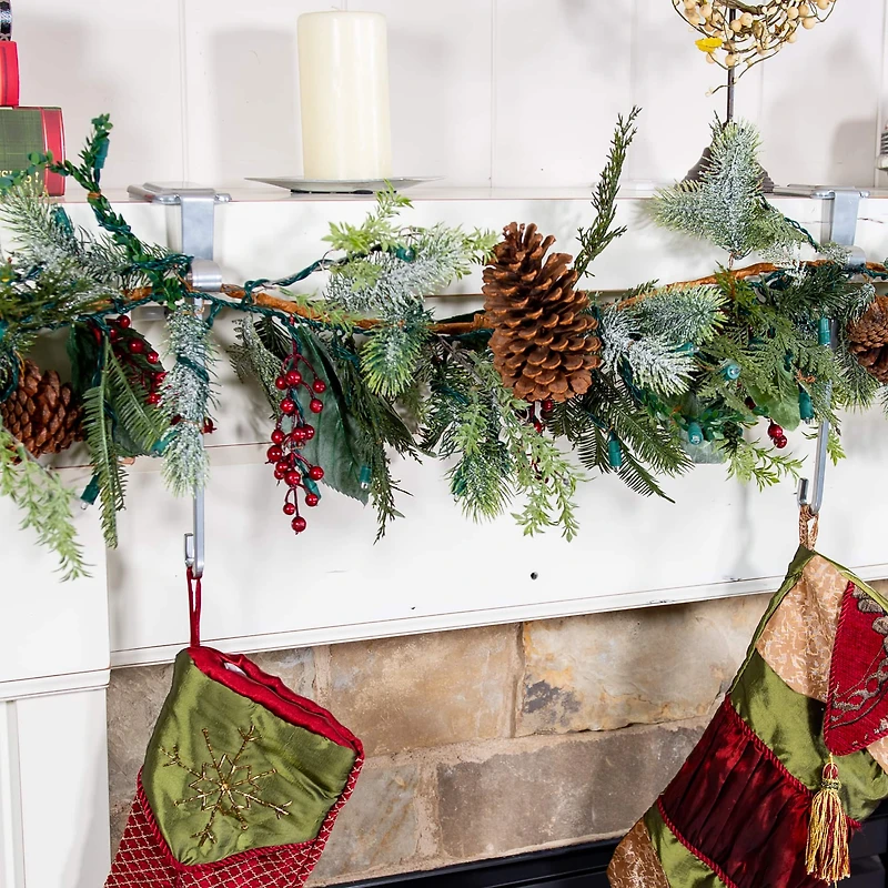 Silver Mantel Garland & Christmas Stocking Holder, 2ct.