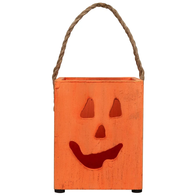 6" Orange Wood Jack-O-Lantern Halloween Candle Lantern