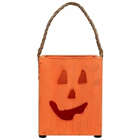 6" Orange Wood Jack-O-Lantern Halloween Candle Lantern