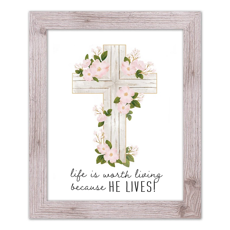 He Lives Floral Cross 16" x 20" Western White Framed Print