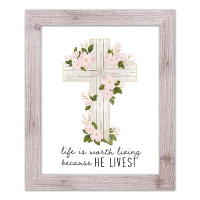 He Lives Floral Cross 16" x 20" Western White Framed Print