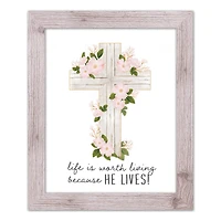 He Lives Floral Cross 16" x 20" Western White Framed Print