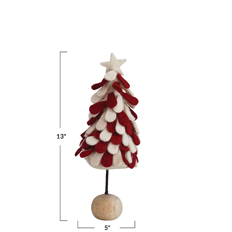 Hello Honey® 13" Red & White Star-Topped Handmade Wool Felt Tree with Wood Ball Base