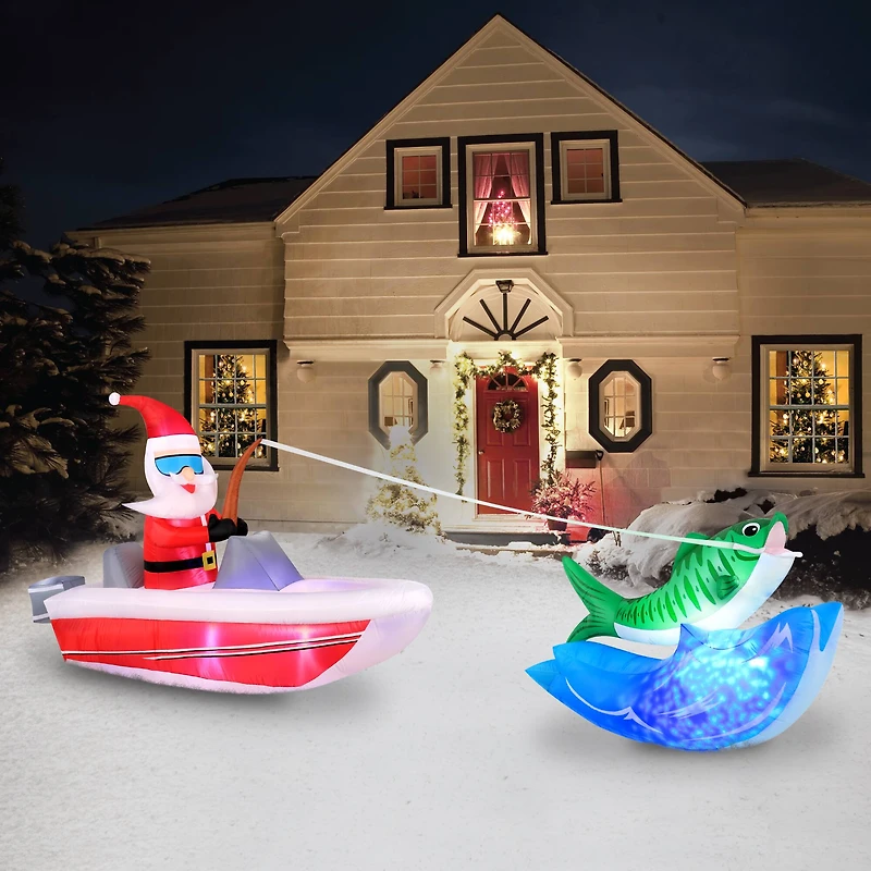 14ft. Inflatable Christmas Boat Fishing Santa with Swirling Lights