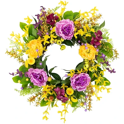 24" Yellow & Purple Peonies & Forsythia Spring Wreath