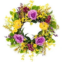 24" Yellow & Purple Peonies & Forsythia Spring Wreath
