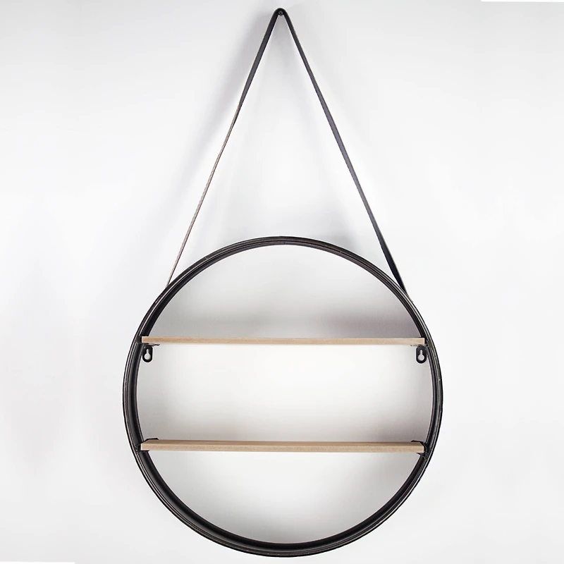 33" Metal & Wood Round Hanging Wall Shelf With Strap
