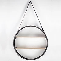 33" Metal & Wood Round Hanging Wall Shelf With Strap