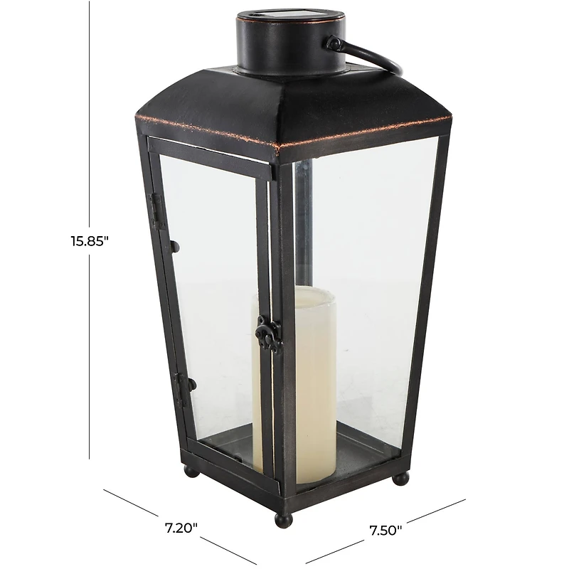 16" Black Metal Modern Candle Lantern with Gold Accents