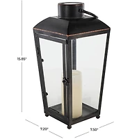 16" Black Metal Modern Candle Lantern with Gold Accents