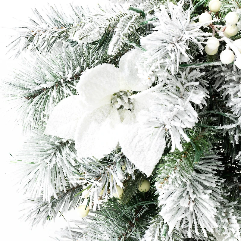 Glitzhome® 36" Pre-Lit Flocked Greenery Pine White Poinsettia & Berry Christmas Teardrop with Timer