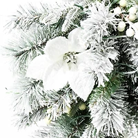Glitzhome® 36" Pre-Lit Flocked Greenery Pine White Poinsettia & Berry Christmas Teardrop with Timer