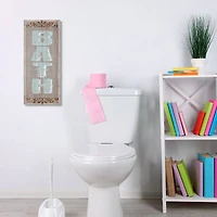 Stupell Industries Rustic Charm Bath Sign Blue Brown Family Bathroom Canvas Wall Art