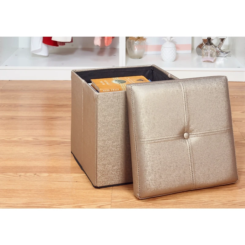 Simplify Metallic Faux Leather Folding Storage Ottoman Cube