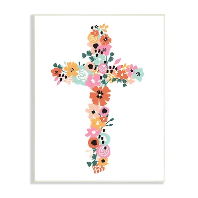 Stupell Industries Bold Flowers Cross Symbol Floral Arrangement Design Wall Plaque Art