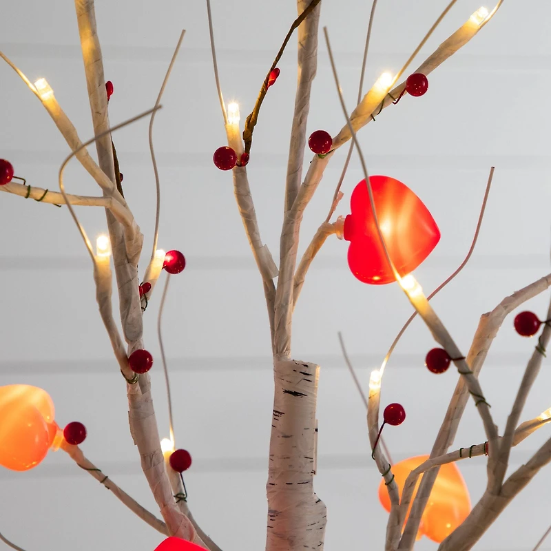 5ft. Pre-Lit Artificial Valentine's Day Twig Tree with 72 Heart Shaped LED Lights and Red Berries