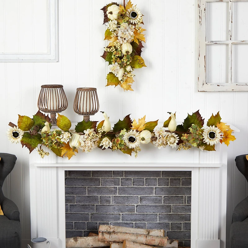 5ft. Fall Sunflower, Hydrangea & White Pumpkin Autumn Garland