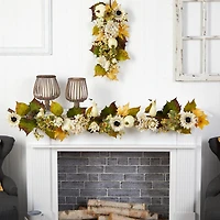 5ft. Fall Sunflower, Hydrangea & White Pumpkin Autumn Garland