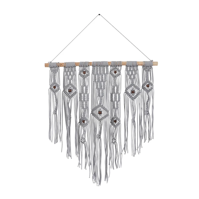 Gray Cotton Intricately Weaved Macrame Wall Decor with Beaded Fringe Tassels 27" x 1" x 36"