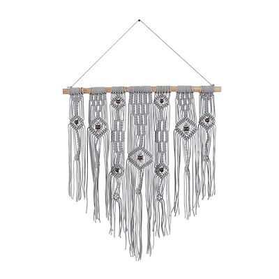 Gray Cotton Intricately Weaved Macrame Wall Decor with Beaded Fringe Tassels 27" x 1" x 36"