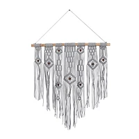 Gray Cotton Intricately Weaved Macrame Wall Decor with Beaded Fringe Tassels 27" x 1" x 36"