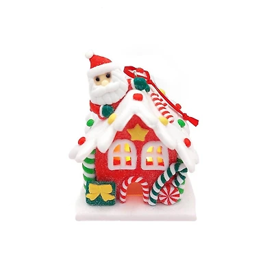 Wizardi 2.48" x 3.23" Gingerbread Snow House with Santa Christmas Ornament